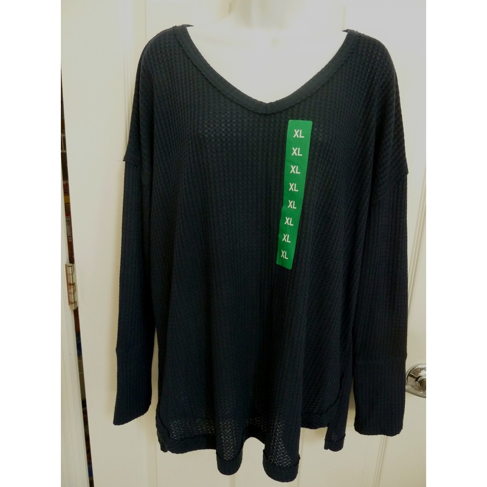 NWT Vintage America XL Waffle Knit Raw Edge V-Neck Top Drop Shoulder Blue